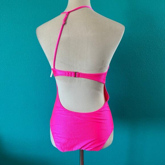 NWT Aerie Shine Rib One Shoulder Full Coverage One Piece Swimsuit Pink - Picture 4 of 6